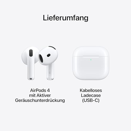 Apple AirPods 4 Kabellose Kopfhörer, Bluetooth Kopfhörer mit aktiver Geräuschunterdrückung, Adaptives Audio, Personalisiertes 3D Audio, Transparenzmodus, USB-C Ladecase, Kabelloses Laden