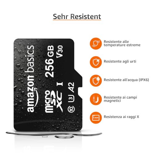 Amazon Basics microSDXC-Speicherkarte mit Adapter in voller Größe, A2, U3, Lesegeschwindigkeit bis zu 100 MB/s, 256 GB, Schwarz