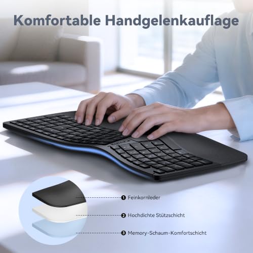 TECKNET Ergonomische Tastatur Kabellos, Deutsches QWERTZ Split Tastatur mit Handballenauflage, Wiederaufladbar Ergo Funktastatur, Bluetooth & USB Natürliches Tippen für Windows/Mac