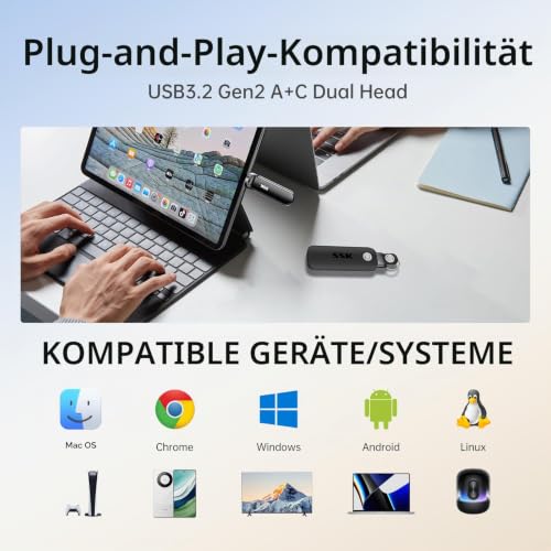 SSK 512GB SSD externes Laufwerk bis zu 1050 MB/s, Typ C + USB A Externe Solid-State-Laufwerke USB 3.2 Gen 2 SSD-Festplatte für iPhone 15/PS4/Android-Telefon/Tablet/Windows/Mac, SD301 PRO