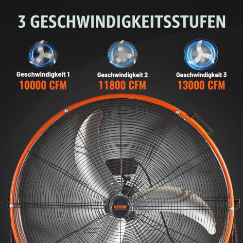 VEVOR Trommelventilator, 30 Zoll Industrie-Ladenventilator, Bodenventilator mit 3 Gänge, Trommelgebläse 13000 CFM, Standventilator 360° verstellbarer, Windmaschine für Lager, Werkstatt, Fabrik, Keller