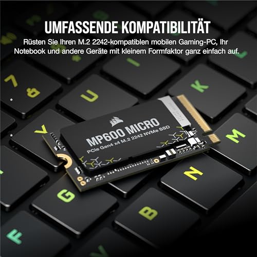 Corsair MP600 Micro 2TB M.2 NVMe PCIe x4 Gen4 SSD – M.2 2242 – Bis zu 7.000MB/Sek. Sequentielles Lesen – Hohe Dichte 3D TLC NAND – Kompatibel mit Lenovo Legion Go und Dünne Notebooks – Schwarz