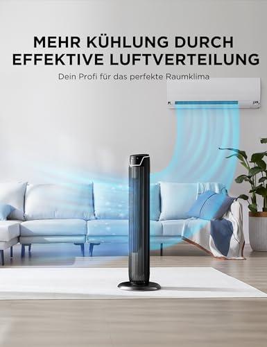 Midea Turmventilator FZ10-17JR, 92cm, mit Fernbedienung, Schwarz | 3 Modi, 3 Geschwindigkeiten, 7h Timer, 45W, Leise, fuer Schlafzimmer & Wohnzimmer