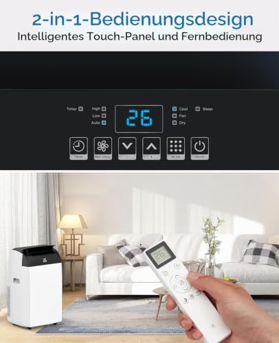 Klimaanlage Mobil 10000 BTU, A++ Energieeffizienz, R290 Kältemittel, 4‑in‑1 Mobile Klimageräte Ohne Außeneinheit, Kühlung, Entfeuchtung, Ventilator, Follow‑Me, Leise Bis 50 DB, Inkl. Fensterabdichtung