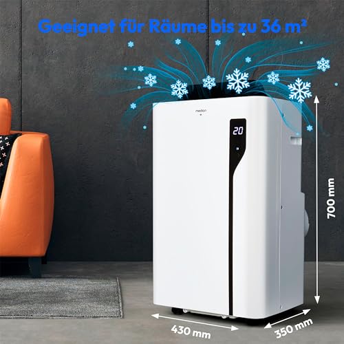 MEDION Smarte Mobile Klimaanlage mit Abluftschlauch P1200 (12000 BTU, mobil, inkl. Fensterabdichtung, bis 36m², 3in1 Kühlen Entfeuchten Ventilieren, App- und Sprachsteuerung, Schlafmodus, MD 37734)