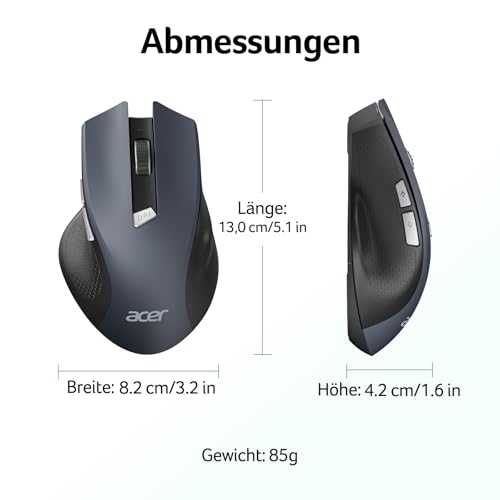 acer Maus Kabellos, 2.4GHz 1600 DPI Funkmaus, 3 Einstellbare DPI Wireless Mouse mit 6 Tasten, Batteriebetriebene Kabellose Maus für Laptop, PC und MacBook, Empfohlen für Rechtshänder