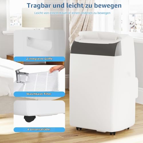 Leise Mobiles Klimagerät, 12000 BTU, Kühlung, Belüftung, Entfeuchtung, 41-51 m², 24-Stunden-Timer, mit Digitalanzeige und Fernbedienung, Energieeffizienzklasse A