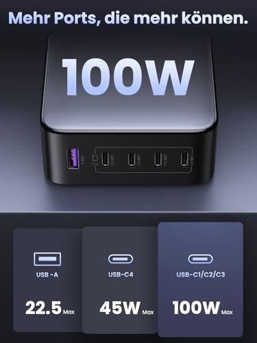 UGREEN Nexode USB C Ladegerät 100W, 5-Port, Mehrfach Schnellladegerät | GaN Netzteil, Laptop Charger, leistungsstark & kompakt, für MacBook Pro/Air, HP Laptop, iPad Serien, iPhone 17, Galaxy S25