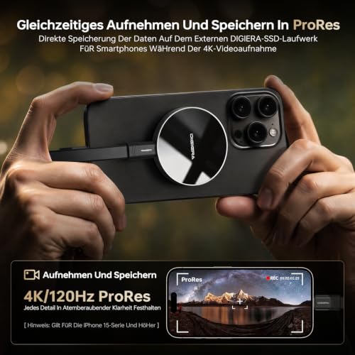 512GB DIGIERA Magnetische Tragbare SSD, Externe Festplatte Mit USB-C 3.2 Gen 2x2, Geschwindigkeit Bis Zu 2000 MB/S, Kompatibel Mit IPhone 15/16/17/18 Series,PC/Laptop, und Anderen USB-C-Geräten,Schwarz