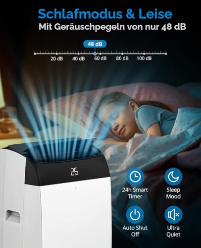 Tragbare 3-in-1-Klimaanlage mit 10000 BTU – mit Fernbedienung, Ventilator, Luftentfeuchter, leisem Betrieb und Rollen; geeignet für Schlafzimmer, Wohnzimmer und Büros.