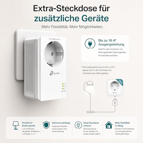 TP-Link Powerline Adapter Set TL-PA7017P KIT(1000Mbit/s, mit Steckdose, Gigabit-Port, Plug&Play, Kompatibel mit Allen HomePlug AV/AV2 Powerline Adaptern, Ideal für Media-Streaming)