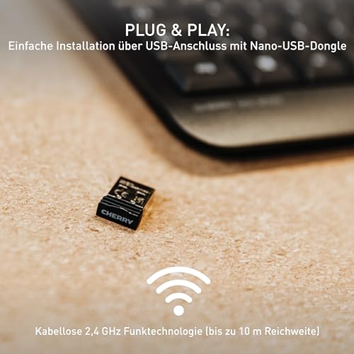 CHERRY KW 3000, Kabellose Office-Tastatur, Deutsch QWERTZ, Schwarz | Flaches Fullsize-Keyboard mit Nummernblock, Verbindung über 2,4 GHz Funk mit USB-Dongle, Leise Tasten, Batteriebetrieben
