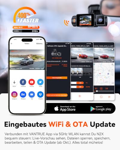 VANTRUE N2X 2.7K+1080P Dashcam Auto Vorne Innen, STARVIS 2 Dual Nachtsicht | 2.5K/60FPS Front Dash Cam, Dual HDR, 5GHz WiFi GPS, 24h Parküberwachung G-Sensor, Sprachsteuerung, DSGVO konform, max. 1TB