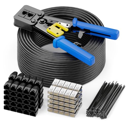 deleyCON 100m CAT7 Verlegekabel Set S/FTP 600MHz 10 Gbit/s - Schwarz | Patchkabel Installationsset Outdoor Indoor, inkl. Crimpzange, Kabelbinder & 50 RJ45 Stecker, AWG 26 BC Kupfer