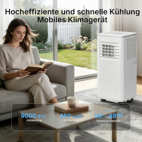 HEALLUX Mobile Klimaanlage 9000 BTU 2,6 kW, tragbares Klimagerät mit Fernbedienung & Abluftschlauch, 4-in-1: Kühlen, Lüften, Entfeuchten, Timer 24h, für Räume bis 40 m², Weiß