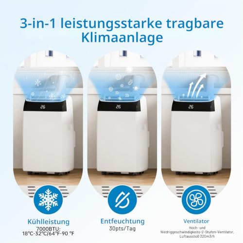 GarveeTech Tragbare Klimaanlage 12000 BTU, 4-in-1 Mobile Klimaanlage Ohne Außengerät Mit Kühlung/Entfeuchtung/Ventilation/Luftführung, Leiser Betrieb, Energieklasse A