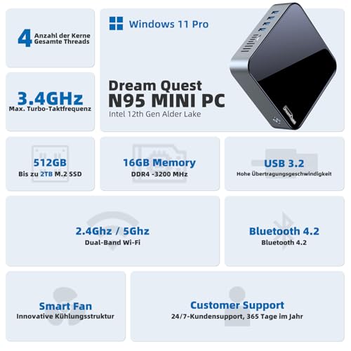 DreamQuest Mini PC Intel N95 16GB RAM 512GB SSD Windows 11 Pro