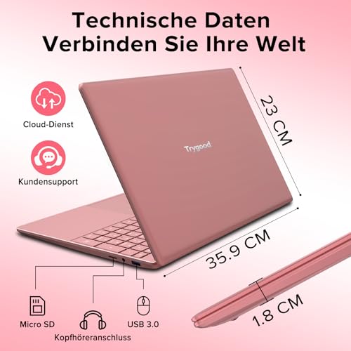 Trygood Laptop 15,6 Zoll 8GB RAM 256GB SSD Notebook Full HD IPS Display Roségold Hintergrundbeleuchtete Tastatur Fingerabdruck-Entsperrung Dual-Band WLAN HDMI USB 3.0 für Schule Studium Home Office A