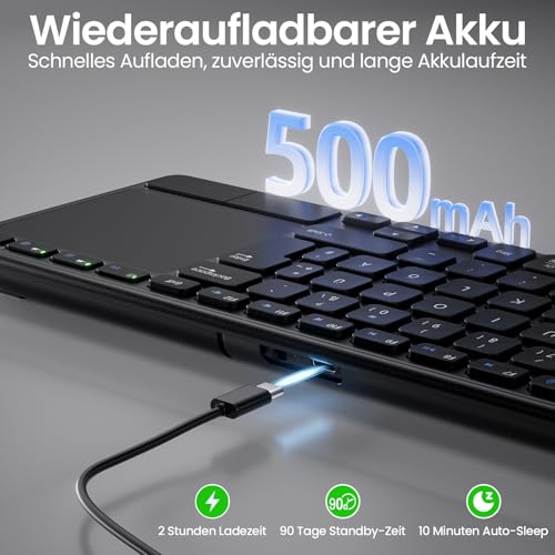 Bnnwa Wiederaufladbare Kabellose Bluetooth Tastatur mit Touchpad,DE QWERTZ | Bluetooth & 2.4GHz Dual,Multi-Device Tastatur mit Touch Trackpad für Smart TV/PC/Laptop/Tablet,iOS/Android/Windows