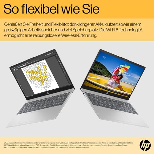 HP Laptop, 15,6 Zoll (39,6 cm) FHD IPS Display, AMD Ryzen 7 7730U, 16 GB RAM, 512 GB SSD, AMD Radeon-Grafik, Windows 11 Home, QWERTZ Tastatur, Silber, Fast Charge