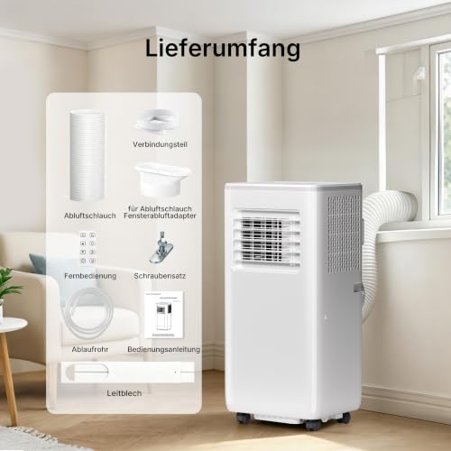 HEALLUX Mobile Klimaanlage 9000 BTU 2,6 kW, tragbares Klimagerät mit Fernbedienung & Abluftschlauch, 4-in-1: Kühlen, Lüften, Entfeuchten, Timer 24h, für Räume bis 40 m², Weiß