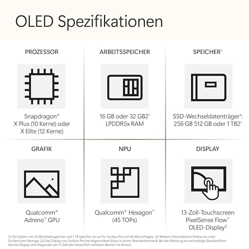 Microsoft Surface Pro, 13" | Snapdragon X Elite | 16GB RAM, 256GB SSD | 13" OLED Touchscreen | Copilot+ PC | Schwarz | Windows 11 Home | 11. Edition