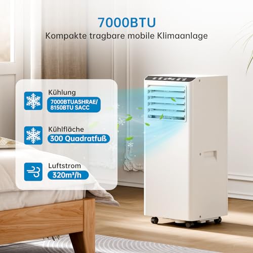 Tragbares Klimagerät 7000 BTU, Mobiles 3-in-1 Klimasystem Mit Kühlung, Lüfter & Entfeuchtung, 2 Geschwindigkeitsstufen, R290 Kältemittel, Ohne Außengerät, Leiser Betrieb, Für Räume Bis 30 M²