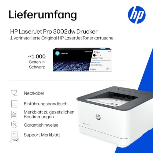 HP LaserJet Pro 3002dw Laserdrucker, Automatischer beidseitiger Druck, Bis zu 33 A4-Seiten pro Minute, Hi-Speed USB, WiFi, Ethernet, Bluetooth, Smart App, Wolf Pro Security