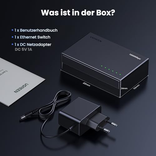 UGREEN LAN Switch Gigabit Netzwerk Switch, Plug & Play (5 Port) | Ethernet Switch für TV/ Laptop/ Switch/ Router, automatische Geschwindigkeit von 10/100/1000Mbps, Duplexanpassung