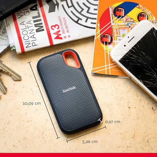 SANDISK Extreme Portable SSD 500 GB - bis zu 1.050 MB/s Lesen - Schwarz | Externe SSD, kompatibel mit PC & Mac, IP65-Wasser- & -Staubschutz, 256-Bit-Verschlüsselung, USB 3.2 Gen 2, USB-C