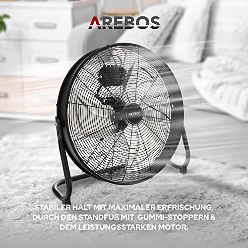 Arebos Bodenventilator Ø50 cm | Windmaschine | Ventilator | 3 Geschwindigkeitsstufen | hoher Luftdurchsatz | 100° einstellbarer Neigungswinkel | Schwarz