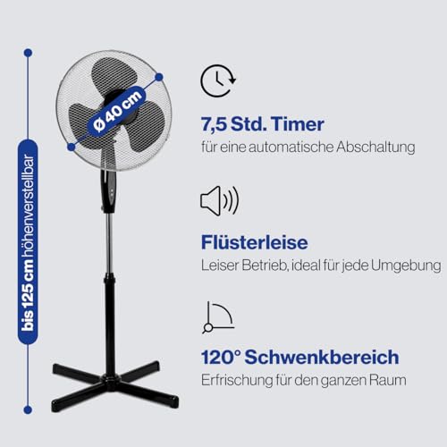 Clatronic VL 3741 S Standventilator, Ø 40 cm, Oszillierend, 3 Laufgeschwindigkeiten, 2 elektronische Windmodus-Funktionen, elektronischer Timer, Fernbedienung, schwarz