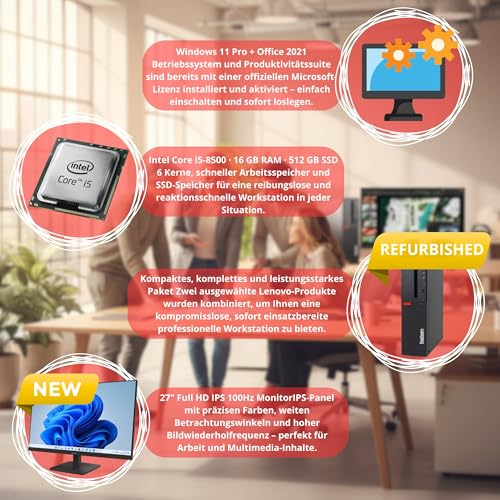 Lenovo Kompletter Business-Computer ThinkCentre mit 27 Zoll Ultra Slim Monitor | Intel Core i5 8500 | DP USBC | 16 GB | 512GB | Webcam Win 11 Pro MS Office 2021 Pro Garantie 36 Monate (überholt)