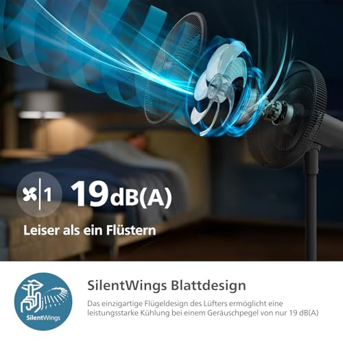 PHILIPS Standventilator Smart 3000 Serie, Schwarz, 2.562 m³/h Airflow | 125 cm, SilentWings-Techn. mit 19-46 dB(A), App, Timer, Neigung 30°, Oszillation 90°, gleichmäßige Luftumwälzung (CX3550/01)