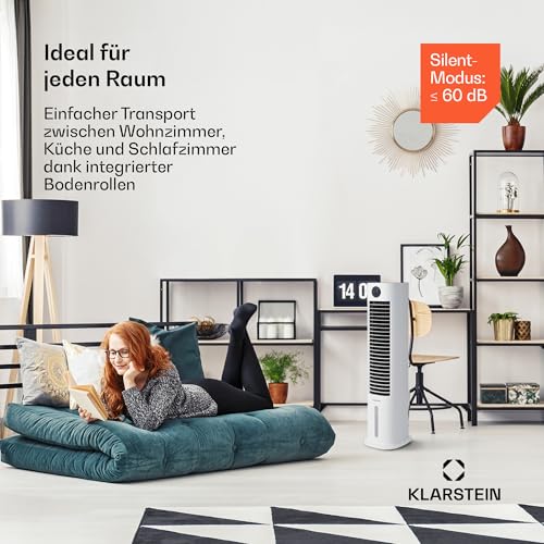 Klarstein Skytower Grand Smart Ventilator Mit Wasserkühlung – 4-in-1 Luftkühler, Luftreiniger & Luftbefeuchter, 460 m³/h, Wi-Fi & App-Steuerung, 8L Tank, 60 dB, Timer, Ionisator, für Smart Home, Weiß