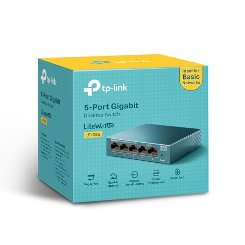 TP-Link LS105G 5-Ports Gigabit Netzwerk Switch (5 RJ-45 LAN Ports, Robustes Metallgehäuse, 802.1P/DSCP QoS, Plug-and-Play, lüfterlos) blau metallic