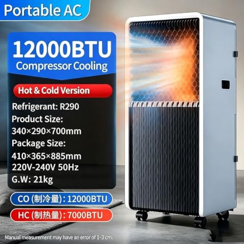 HURUMA 14000 BTU Mobile Klimagerät Nur Kühlung, 220-240V 50Hz Standgerät mit Intelligentem Kompressor, Abluftschlauch Fensterset, Rollen für Räume, A+hot & Cold 12000 Btu, A+Hot & Cold 12000 BTU