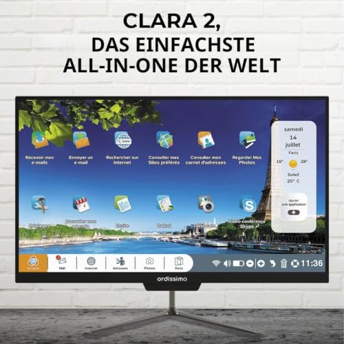 ORDISSIMO - All In One PC Clara 2 - Einfache Bedienung für Senioren Geeignet - Großer, Flacher 23,8“ Bildschirm - Intuitive Benutzeroberfläche & Vereinfachte Tastatur - Kabellose Maus, WiFi - Schwarz
