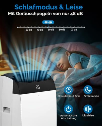Klimaanlage Mobil 10000 BTU, A++ Energieeffizienz, R290 Kältemittel, 4‑in‑1 Mobile Klimageräte Ohne Außeneinheit, Kühlung, Entfeuchtung, Ventilator, Follow‑Me, Leise Bis 50 DB, Inkl. Fensterabdichtung