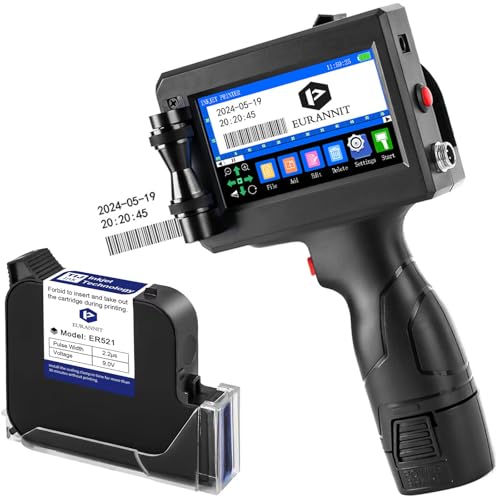 Eurannit Tragbarer Handdrucker E15-1,25.4mm Hand Tintenstrahldrucker mit 1" ER521 Schnell Trocknende Tinte für Text Barcode Datum Logo Chargennummer Druck auf Karton Stoff Holz Kunststoff Metall Glas