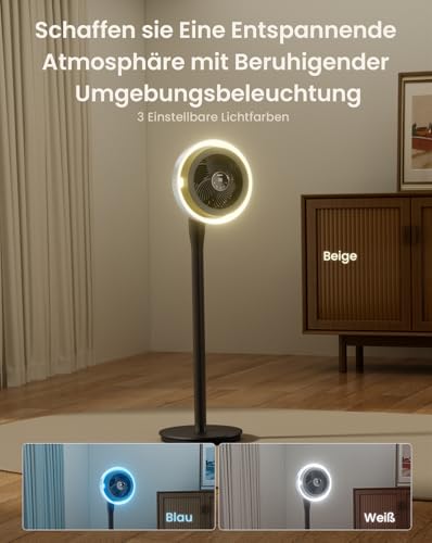 AIRMATE Leise Ventilator mit Licht, Extra großes Luftvolumen Umwälzlüfter, 3 Modi 16 Geschwindigkeitsstufen, 120°+90° Oszillierend, Standventilator mit Fernbedienung, Timer und einstellbaren Höhen