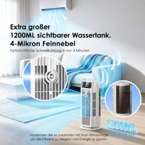 Mobile Klimaanlage ohne Abluftschlauch 6-in-1, Luftkühler mit Wasserkühlung & 1200ml Tank, 7m/s Turbo, 120° Oszillation, 1-12H Timer, 36W Leises Mini Klimagerät für Schlafzimmer & Büro, Cremeweiß