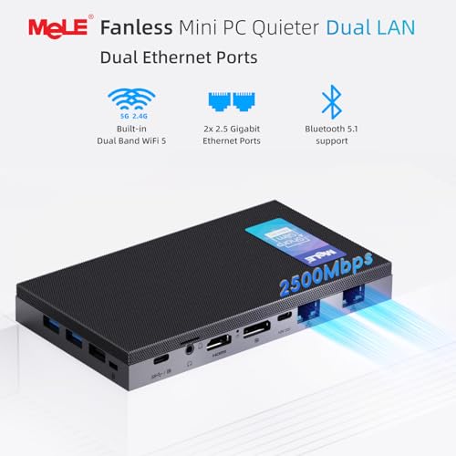 MeLE QuieterDL Lüfterloser Mini PC N150 2.5Gb Dual LAN 4GB 128GB Computer | bis zu 3.6GHz, USB-C, HDMI2.0+DP1.4, Dreifach-Display, VESA, Rund um die Uhr stabil, automatisches Einschalten, Wake-on-LAN