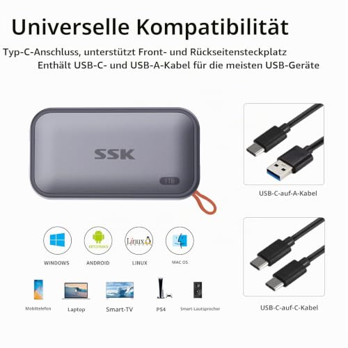 SSK SSD Festplatte Extern 1TB, bis zu 1050 MB/s, Portable Externe NVME SSD | USB3.2 Gen2, LED-Anzeige, ProRes 4K, wasser-&staubdicht, USB-C&A-Kabel,Solid State Drive für Typ-C-phones, PS5, Xbox, Mac, PC