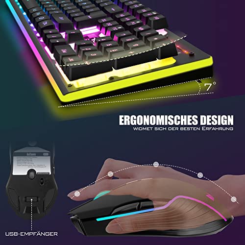 RedThunder K10 Kabelloses Gaming Tastatur und Maus Set, QWERTZ DE Layout, 3000mA Batteriekapazität und 3200 DPI für Gamer (Schwarz)