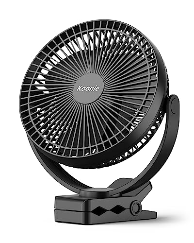 Koonie USB Clip Ventilator 10000mAh, 20cm Tragbar Wiederaufladbar, Schwarz | 4 Geschwindigkeiten, 360° Drehung, wiederaufladbar, leise, starker Luftstrom, für Zuhause, Büro, Kinderwagen, Camping
