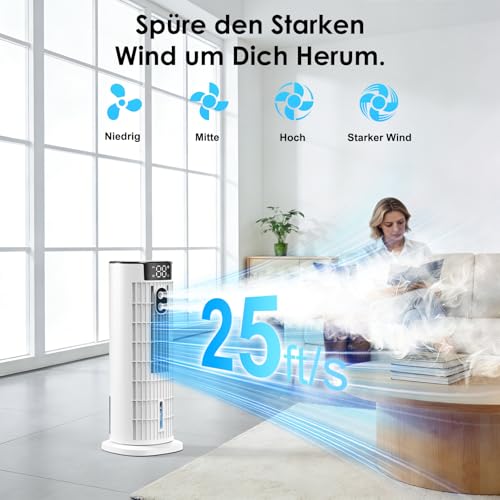 Mobile Klimaanlage,Luftkühler mit Wasserkühlung 6-in-1 Mobiles Kühlgerät Tragbarer,Leise,2-10Timer 90°Oszillation, 4 Stufen, Air Cooler für Zuhause und Büro. (Weiß)