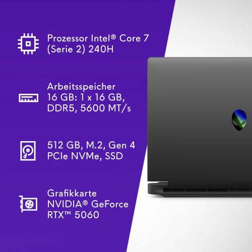 Alienware 15 Gaming Laptop - Intel Core 7 240H, RTX 5060 | 15'' WUXGA 165Hz,16GB RAM, 512GB SSD, Win 11 Home, beleuchtete Tastatur, 3 Monate Game Pass, 2 Jahre Vor-Ort-Service