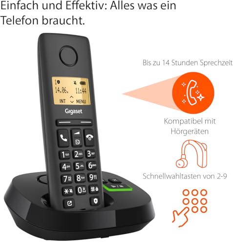 Gigaset Pure 120A - Schnurloses DECT-Telefon mit Anrufbeantworter - ECO DECT - Anrufschutz - beleuchtetes Display - hörgerätekompatibel, anthrazit schwarz [Kompatibel in DE, IT, FR, NL, BE, Che, AUT]