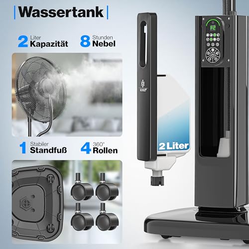 KESSER® Stand-Ventilator Frosty mit Wasser Ultraschall-Sprühnebel Wasserkühlung, inkl. Fernbedienung Timer-Funktion, Luftbefeuchter Leise, Nebelfunktion, Standventilator, Schwarz